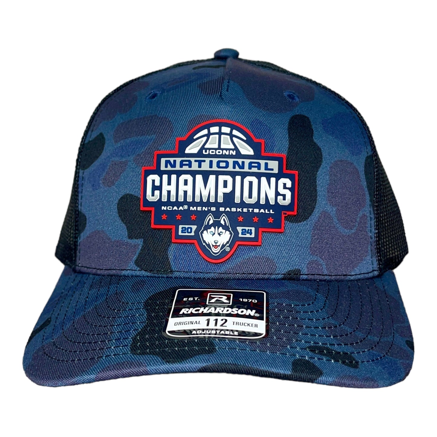 UConn Huskies 2024 NCAA Men's Basketball National Champions Snapback Trucker Hat- Admiral Duck Camo/ Black