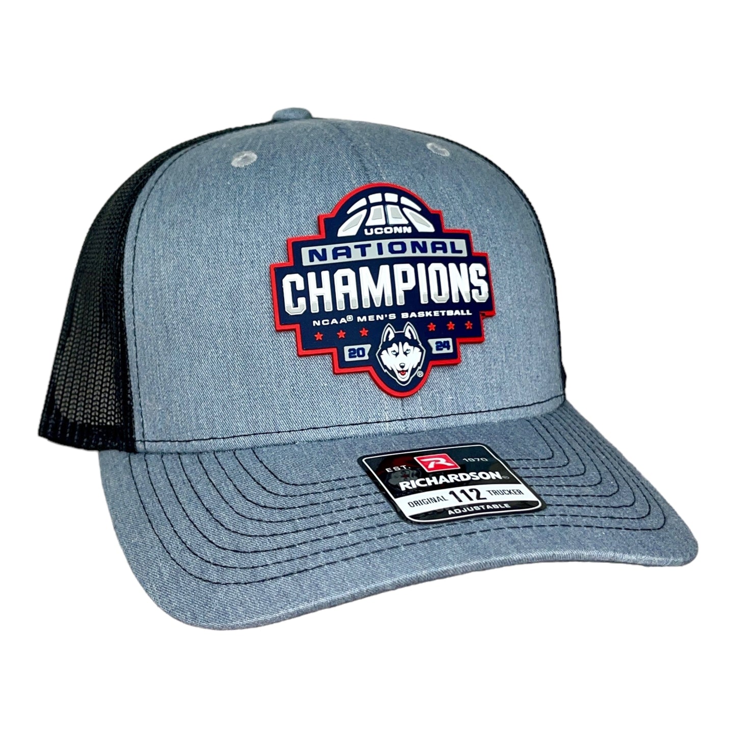 UConn Huskies 2024 NCAA Men's Basketball National Champions Snapback Trucker Hat- Heather Grey/ Black