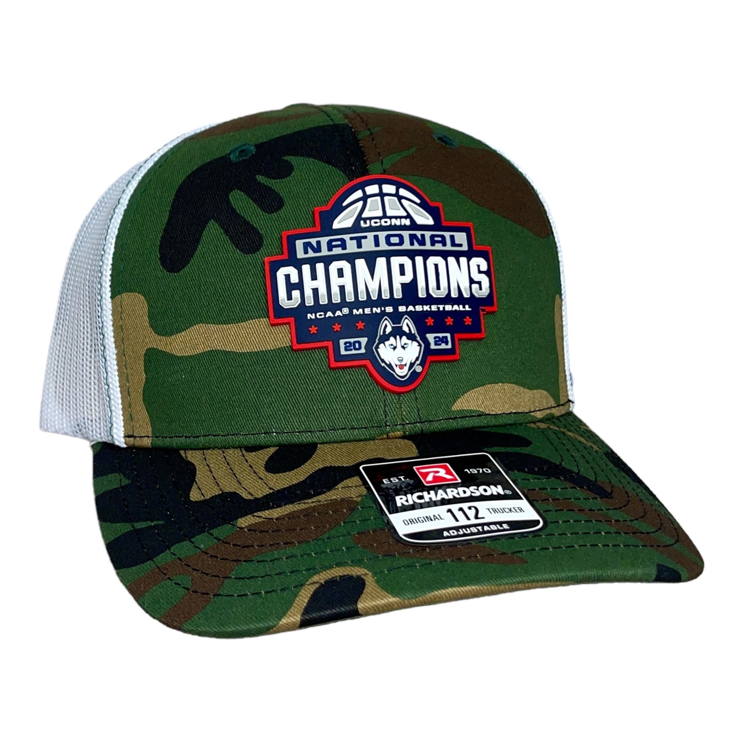 UConn Huskies 2024 NCAA Men's Basketball National Champions Snapback Trucker Hat- Army Camo/ White