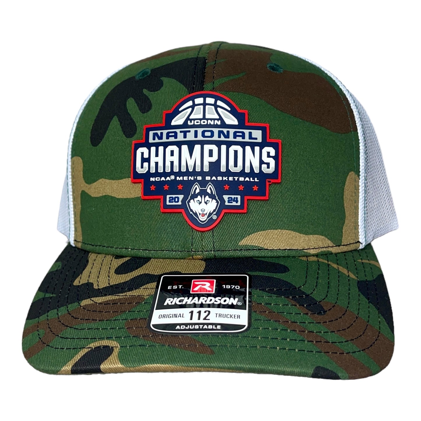 UConn Huskies 2024 NCAA Men's Basketball National Champions Snapback Trucker Hat- Army Camo/ White