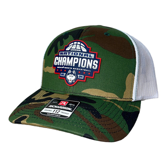 UConn Huskies 2024 NCAA Men's Basketball National Champions Snapback Trucker Hat- Army Camo/ White