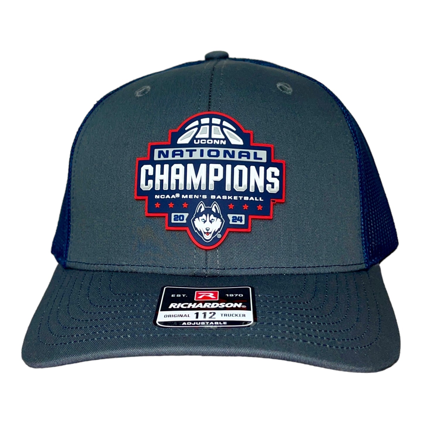 UConn Huskies 2024 NCAA Men's Basketball National Champions Snapback Trucker Hat- Charcoal/ Navy