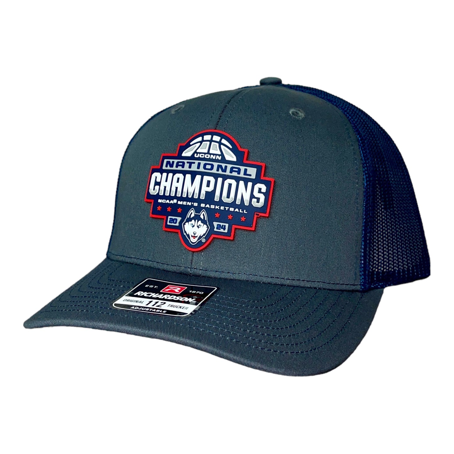 UConn Huskies 2024 NCAA Men's Basketball National Champions Snapback Trucker Hat- Charcoal/ Navy