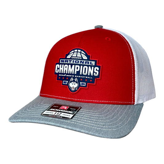 UConn Huskies 2024 NCAA Men's Basketball National Champions Snapback Trucker Hat- Red/ White/ Heather Grey