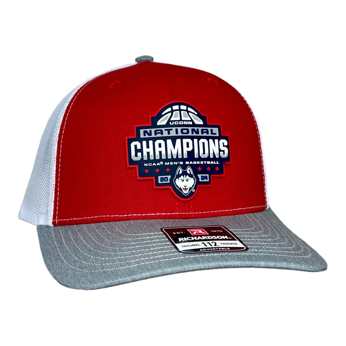 UConn Huskies 2024 NCAA Men's Basketball National Champions Snapback Trucker Hat- Red/ White/ Heather Grey