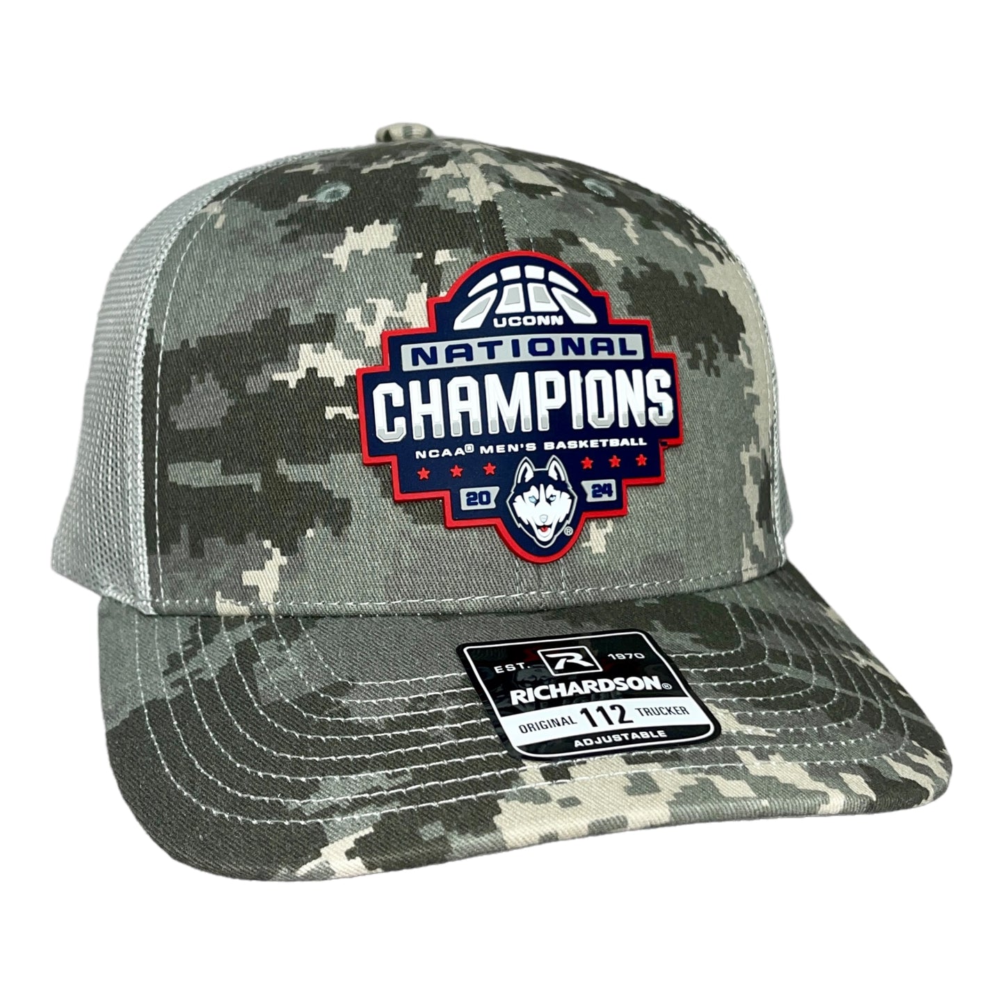 UConn Huskies 2024 NCAA Men's Basketball National Champions Snapback Trucker Hat- Military Digital Camo