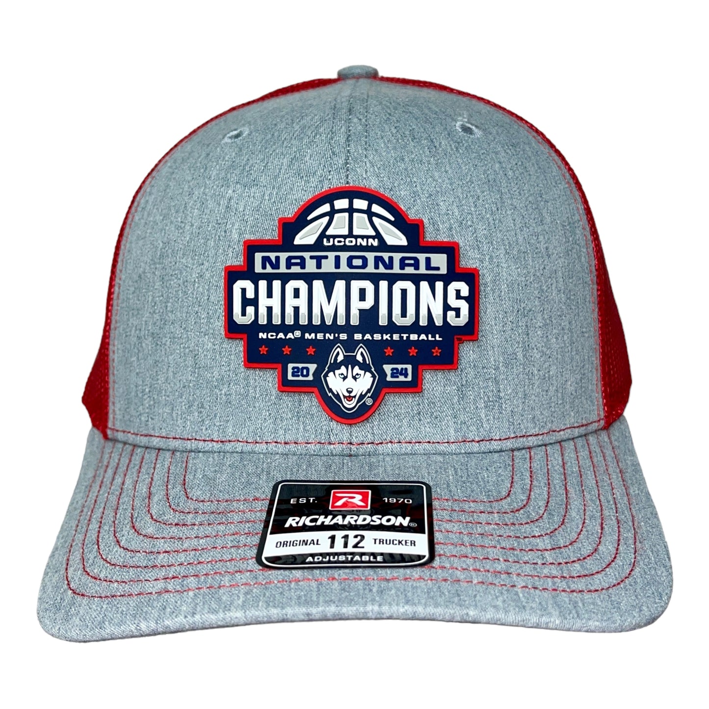 UConn Huskies 2024 NCAA Men's Basketball National Champions Snapback Trucker Hat- Heather Grey/ Red