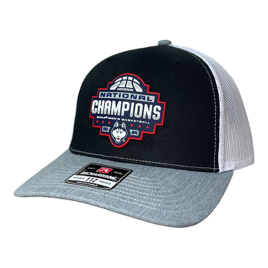 UConn Huskies 2024 NCAA Men's Basketball National Champions Snapback Trucker Hat- Black/ White/ Heather Grey