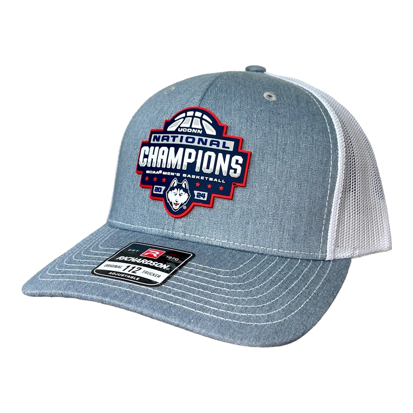 UConn Huskies 2024 NCAA Men's Basketball National Champions Snapback Trucker Hat- Heather Grey/ White