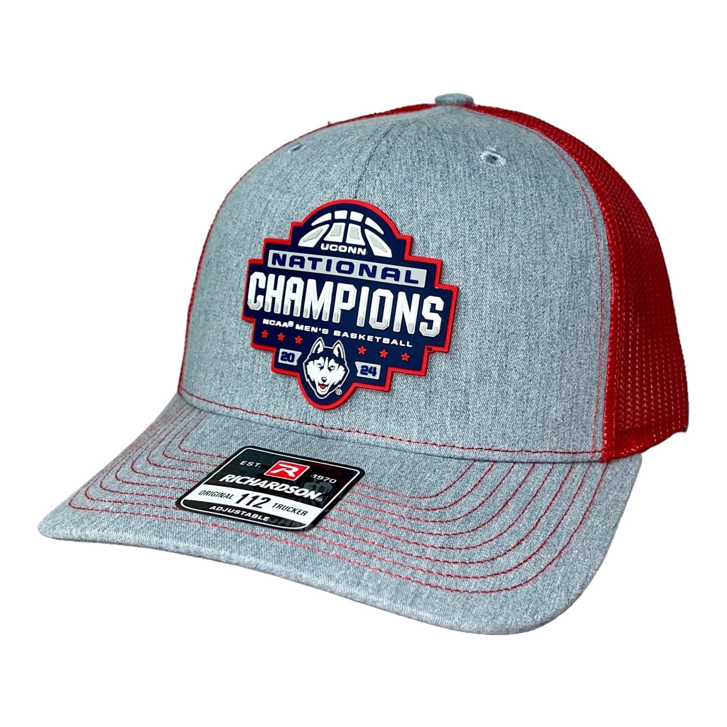 UConn Huskies 2024 NCAA Men's Basketball National Champions Snapback Trucker Hat- Heather Grey/ Red