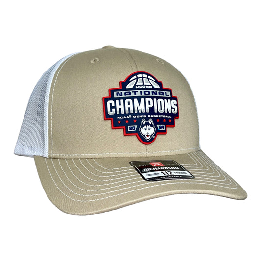 UConn Huskies 2024 NCAA Men's Basketball National Champions Snapback Trucker Hat- Tan/ White