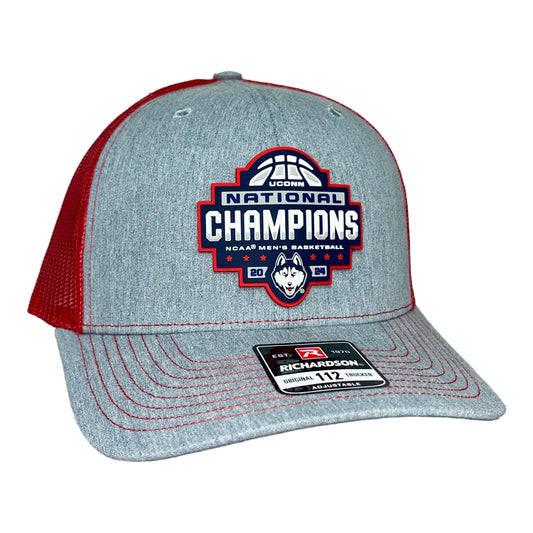 UConn Huskies 2024 NCAA Men's Basketball National Champions Snapback Trucker Hat- Heather Grey/ Red