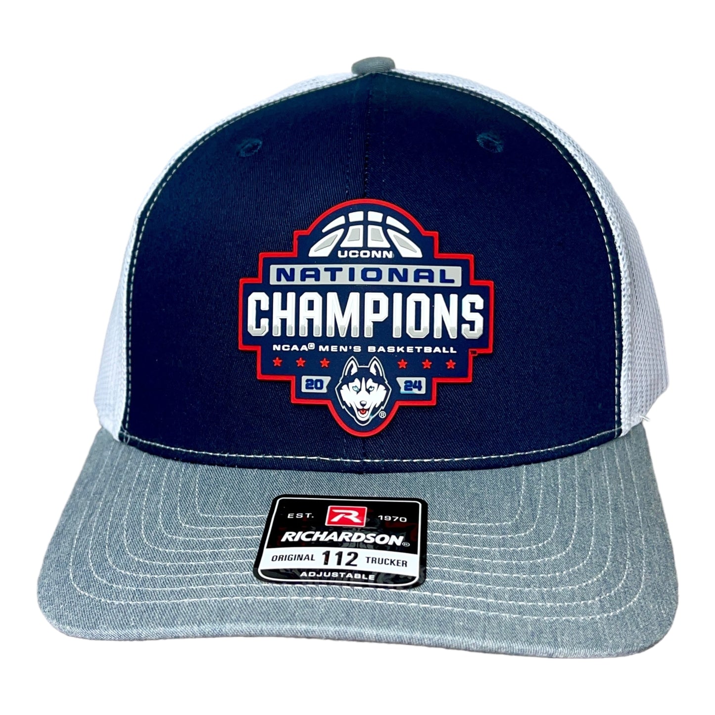 UConn Huskies 2024 NCAA Men's Basketball National Champions Snapback Trucker Hat- Navy/ White/ Heather Grey