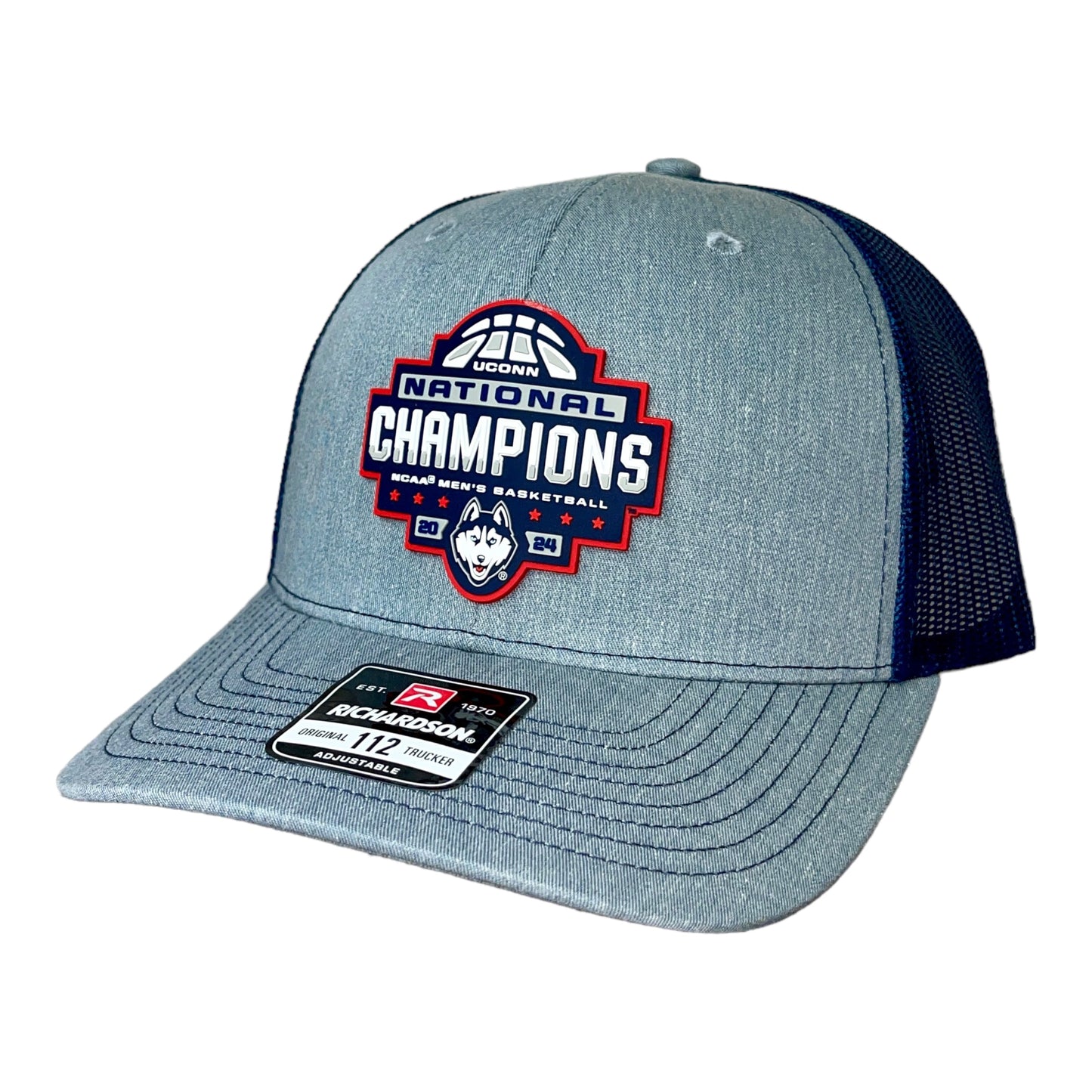 UConn Huskies 2024 NCAA Men's Basketball National Champions Snapback Trucker Hat- Heather Grey/ Navy