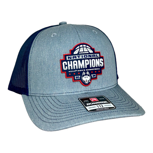 UConn Huskies 2024 NCAA Men's Basketball National Champions Snapback Trucker Hat- Heather Grey/ Navy