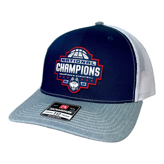 UConn Huskies 2024 NCAA Men's Basketball National Champions Snapback Trucker Hat- Navy/ White/ Heather Grey