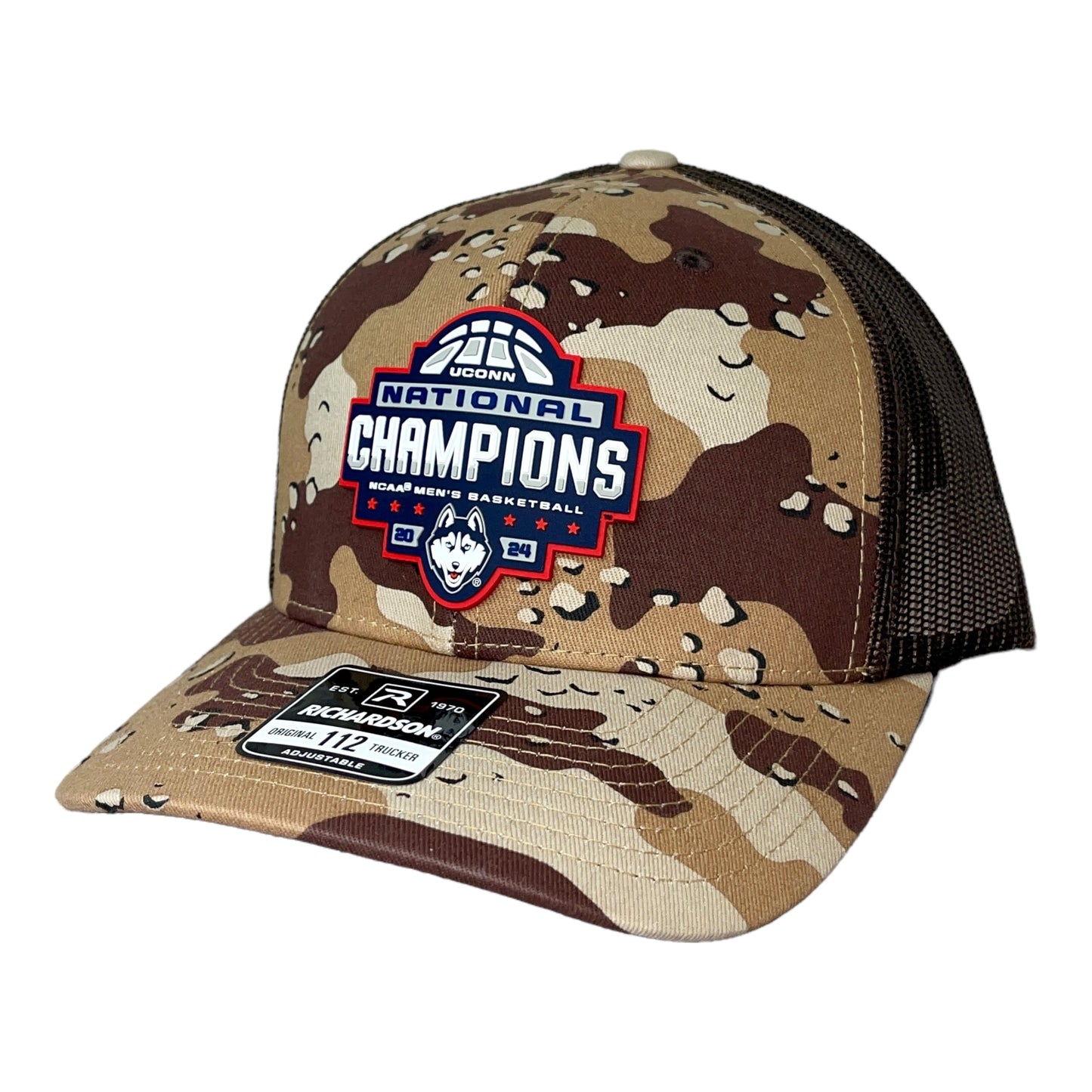 UConn Huskies 2024 NCAA Men's Basketball National Champions Snapback Trucker Hat- Desert Camo/ Brown