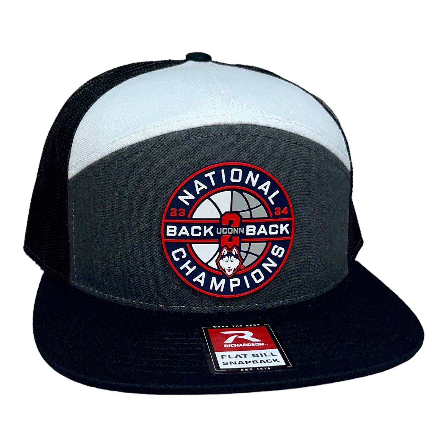 UConn Huskies Back-To-Back NCAA Men's Basketball National Champions 3D Snapback Seven-Panel Flat Bill Trucker Hat- Charcoal/ White/ Black