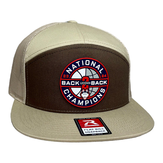 UConn Huskies Back-To-Back NCAA Men's Basketball National Champions 3D Snapback Seven-Panel Flat Bill Trucker Hat- Brown/ Tan