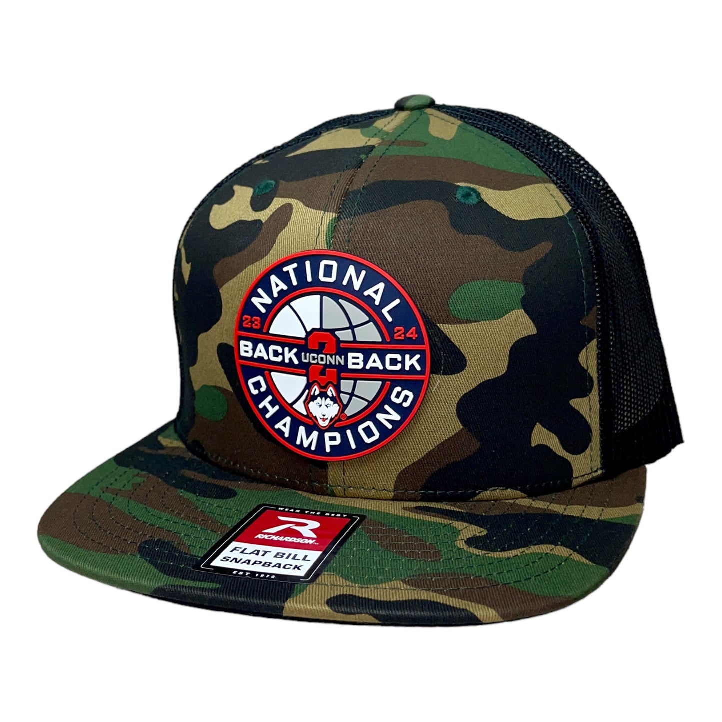 UConn Huskies Back-To-Back NCAA Men's Basketball National Champions 3D Wool Blend Flat Bill Hat- Army Camo/ Black