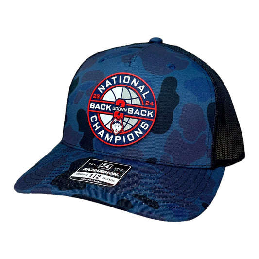 UConn Huskies Back-To-Back NCAA Men's Basketball National Champions 3D Snapback Trucker Hat- Admiral Duck Camo/ Black