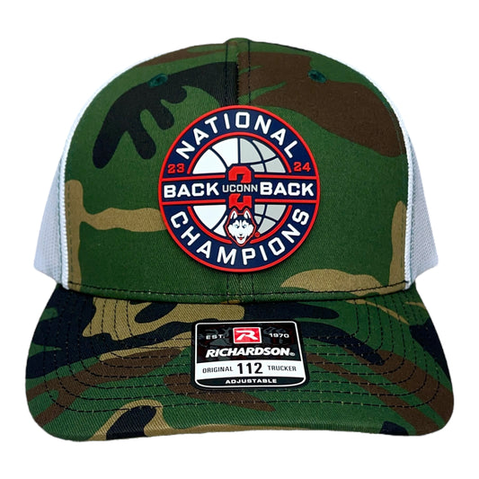 UConn Huskies Back-To-Back NCAA Men's Basketball National Champions 3D Snapback Trucker Hat- Army Camo/ White