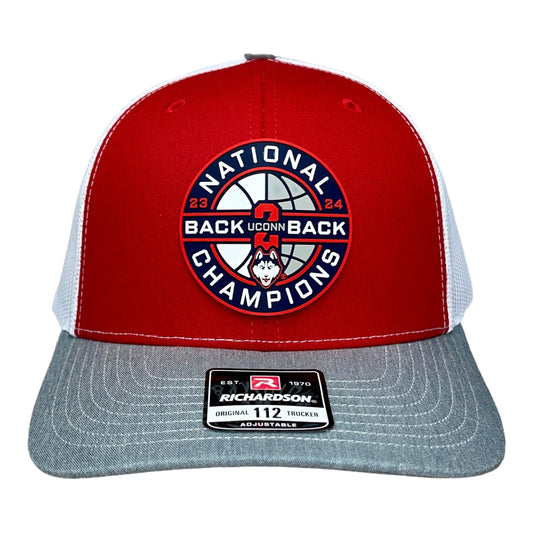 UConn Huskies Back-To-Back NCAA Men's Basketball National Champions 3D Snapback Trucker Hat- Red/ White/ Heather Grey