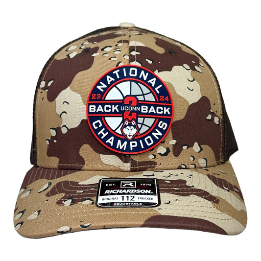 UConn Huskies Back-To-Back NCAA Men's Basketball National Champions 3D Snapback Trucker Hat- Desert Camo/ Brown