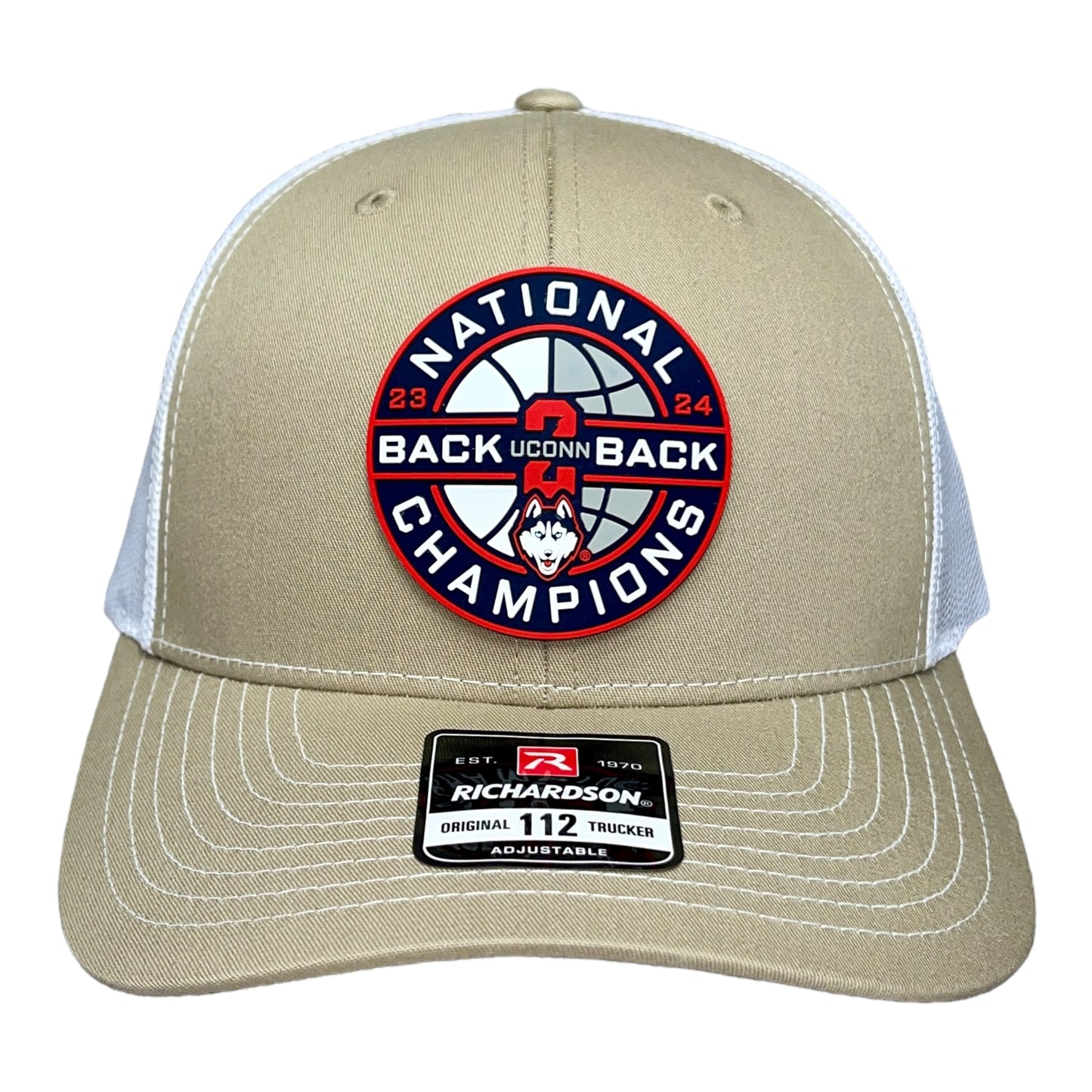 UConn Huskies Back-To-Back NCAA Men's Basketball National Champions 3D Snapback Trucker Hat- Tan/ White