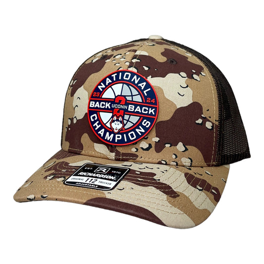 UConn Huskies Back-To-Back NCAA Men's Basketball National Champions 3D Snapback Trucker Hat- Desert Camo/ Brown