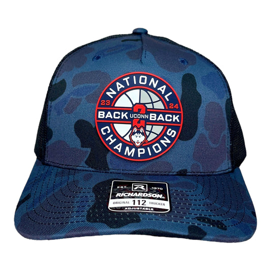 UConn Huskies Back-To-Back NCAA Men's Basketball National Champions 3D Snapback Trucker Hat- Admiral Duck Camo/ Black