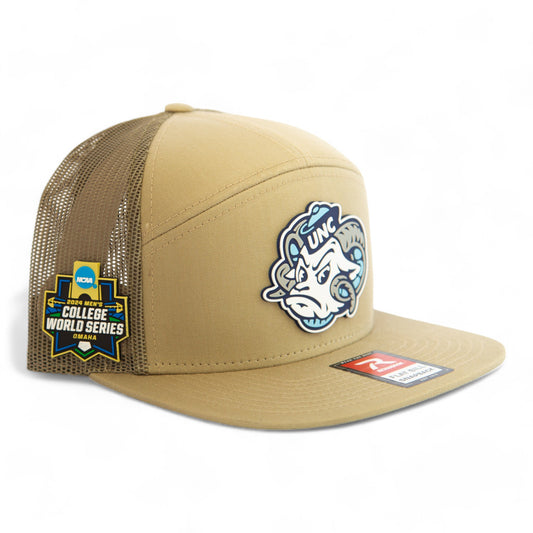 UNC Tar Heels 2024 Men's College World Series 3D Snapback Seven-Panel Flat Bill Trucker Hat- Pale Loden Green