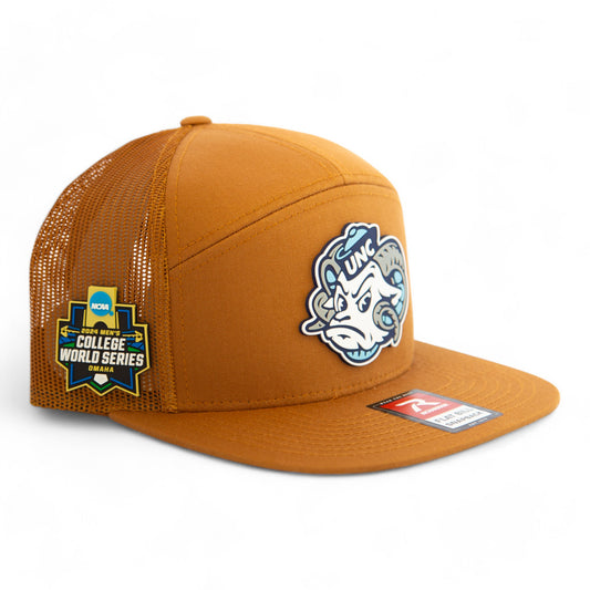 UNC Tar Heels 2024 Men's College World Series 3D Snapback Seven-Panel Flat Bill Trucker Hat- Caramel