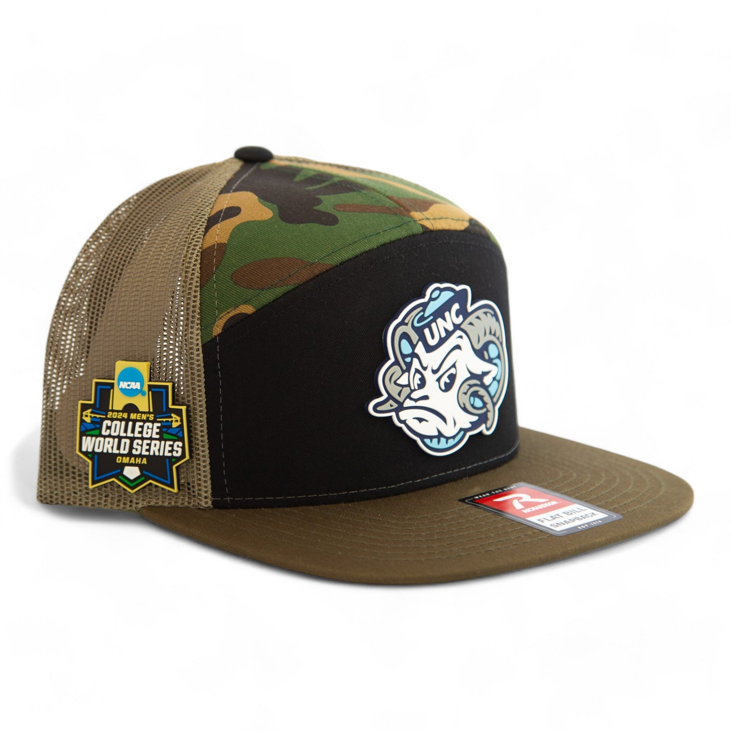 UNC Tar Heels 2024 Men's College World Series 3D Snapback Seven-Panel Flat Bill Trucker Hat- Black/ Camo/ Loden