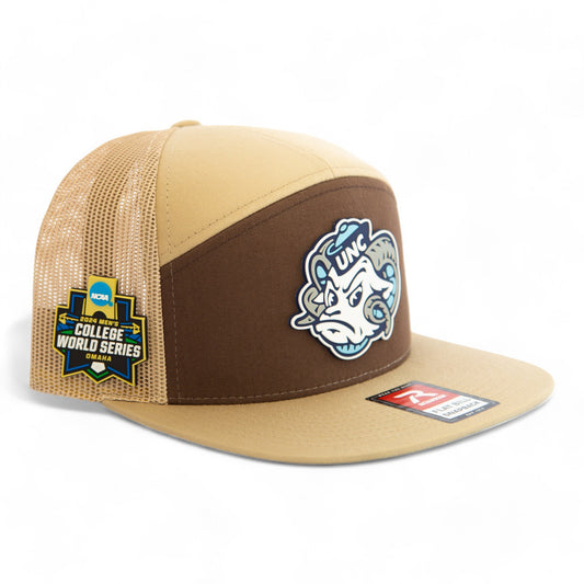 UNC Tar Heels 2024 Men's College World Series 3D Snapback Seven-Panel Flat Bill Trucker Hat- Brown/ Tan