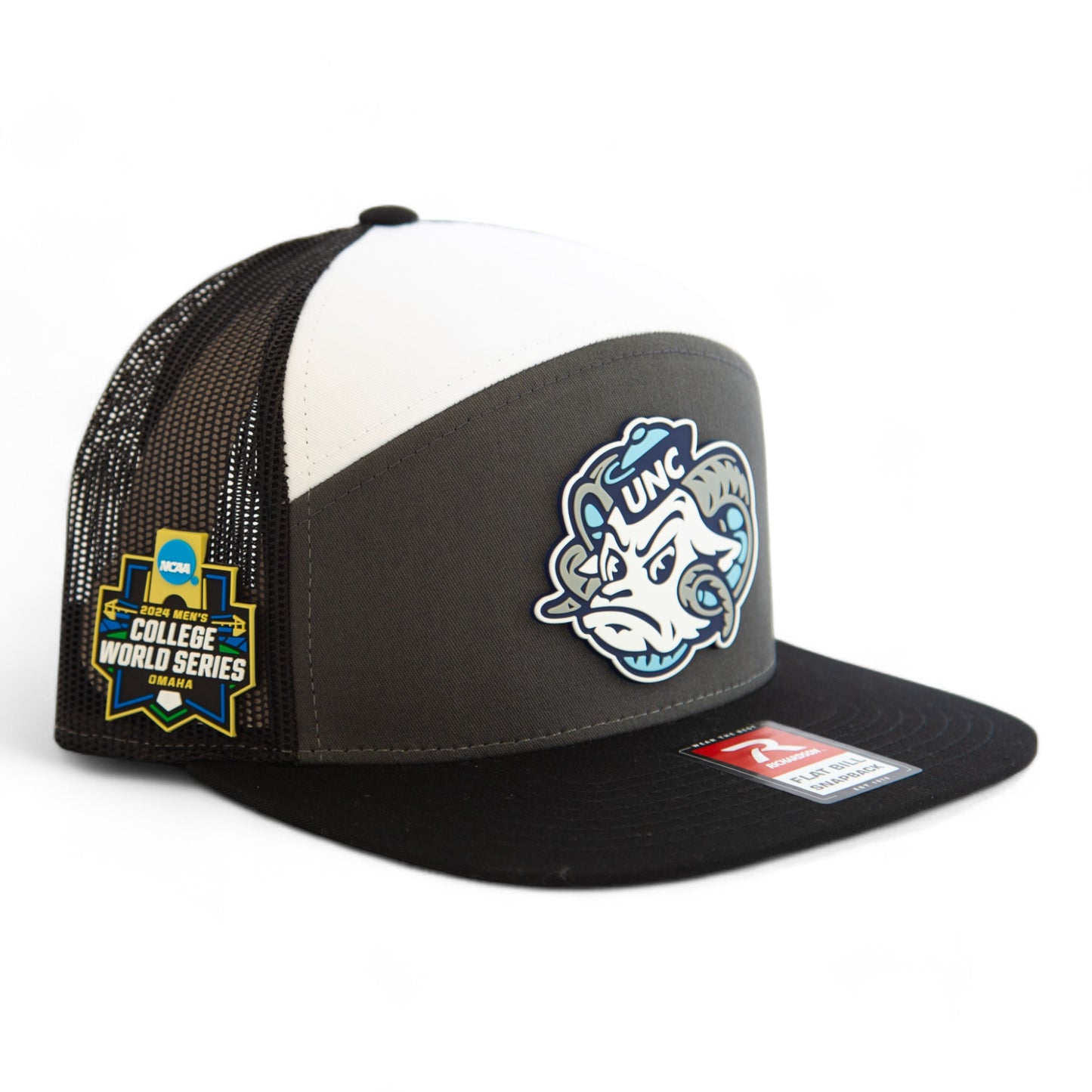 UNC Tar Heels 2024 Men's College World Series 3D Snapback Seven-Panel Flat Bill Trucker Hat- Charcoal/ White/ Black