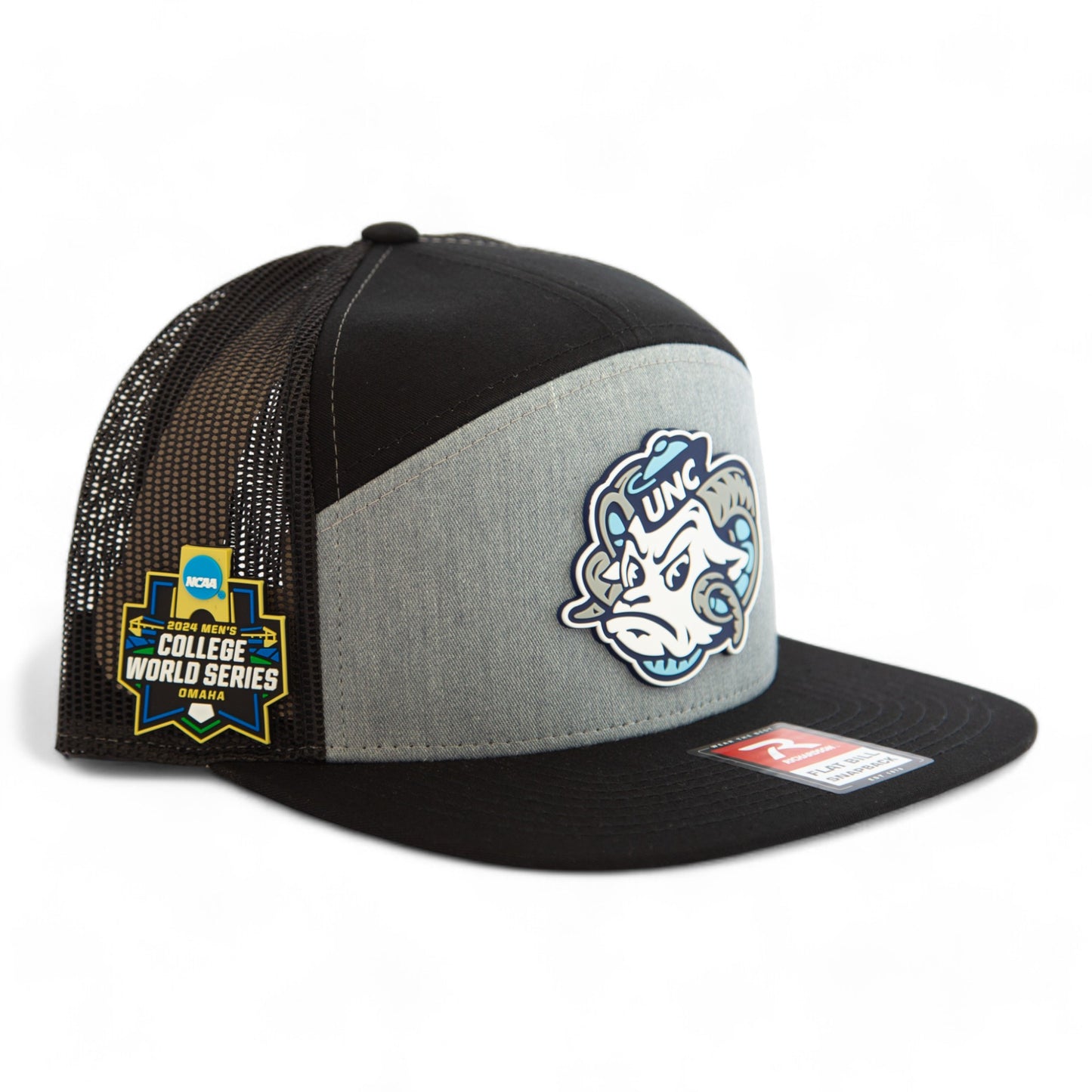 UNC Tar Heels 2024 Men's College World Series 3D Snapback Seven-Panel Flat Bill Trucker Hat- Heather Grey/ Black