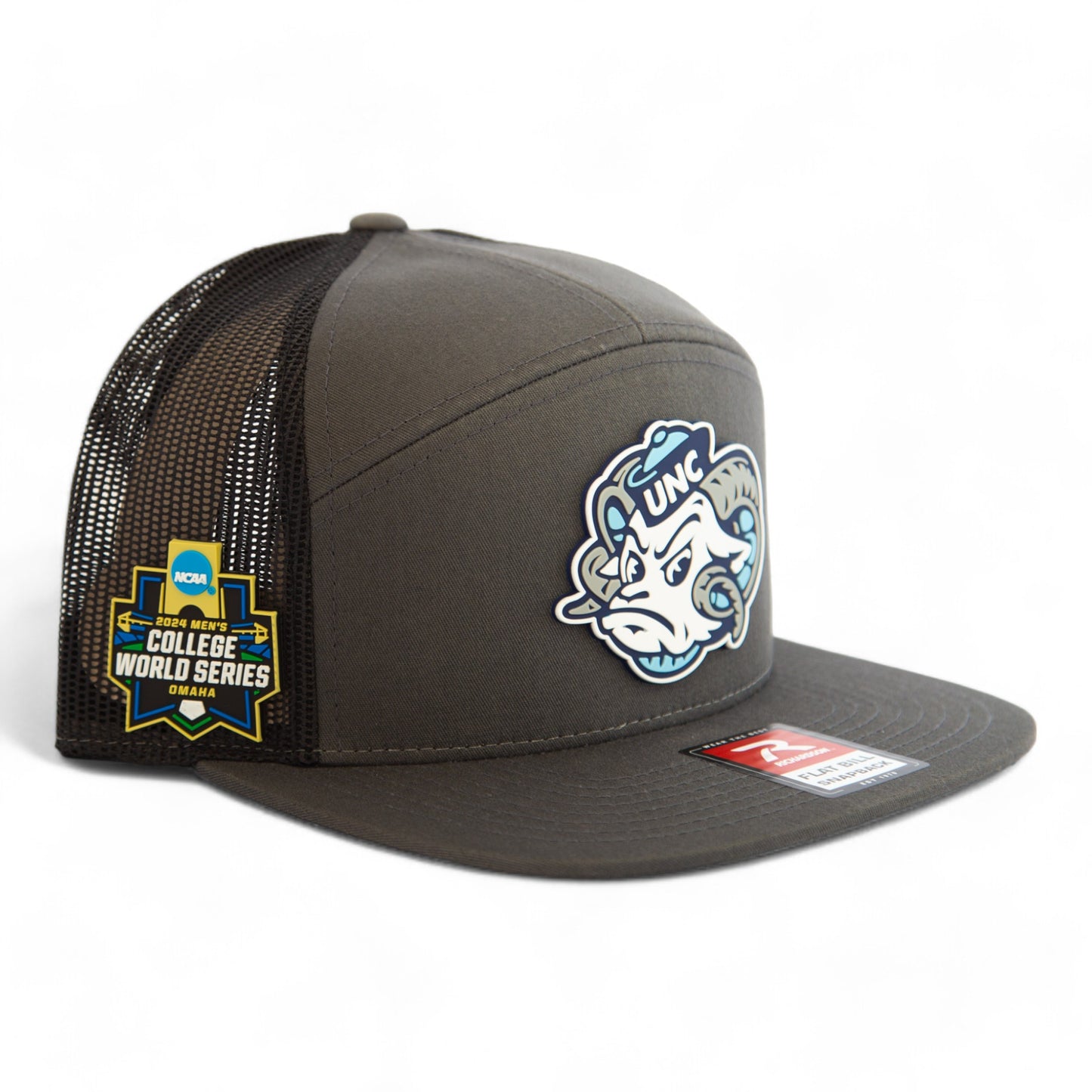 UNC Tar Heels 2024 Men's College World Series 3D Snapback Seven-Panel Flat Bill Trucker Hat- Charcoal/ Black