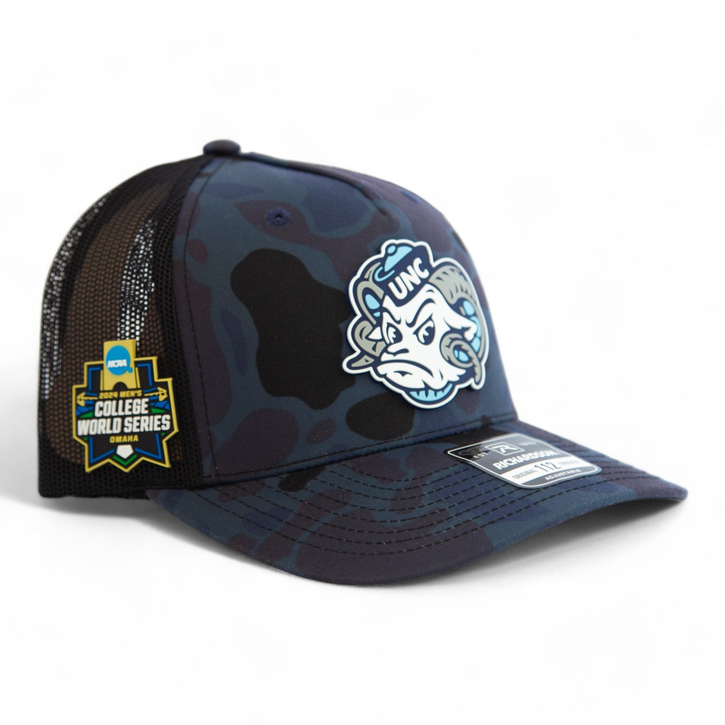 UNC Tar Heels 2024 Men's College World Series 3D Snapback Trucker Hat- Admiral Duck Camo/ Black