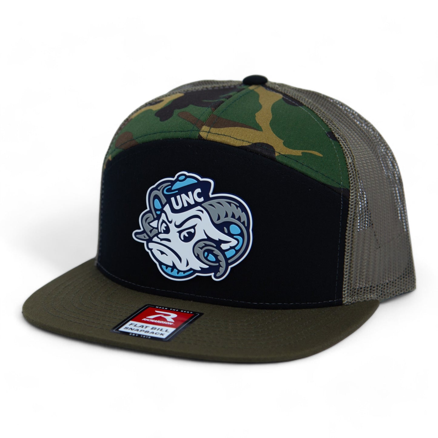 UNC Tar Heels 3D Snapback Seven-Panel Flat Bill Trucker Hat- Black/ Camo/ Loden