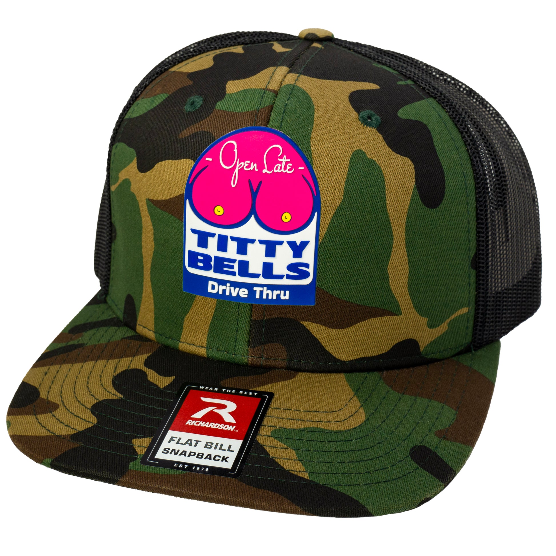 Titty Bells 3D PVC Patch Wool Blend Flat Bill Hat- Army Camo/ Black - Ten Gallon Hat Co.