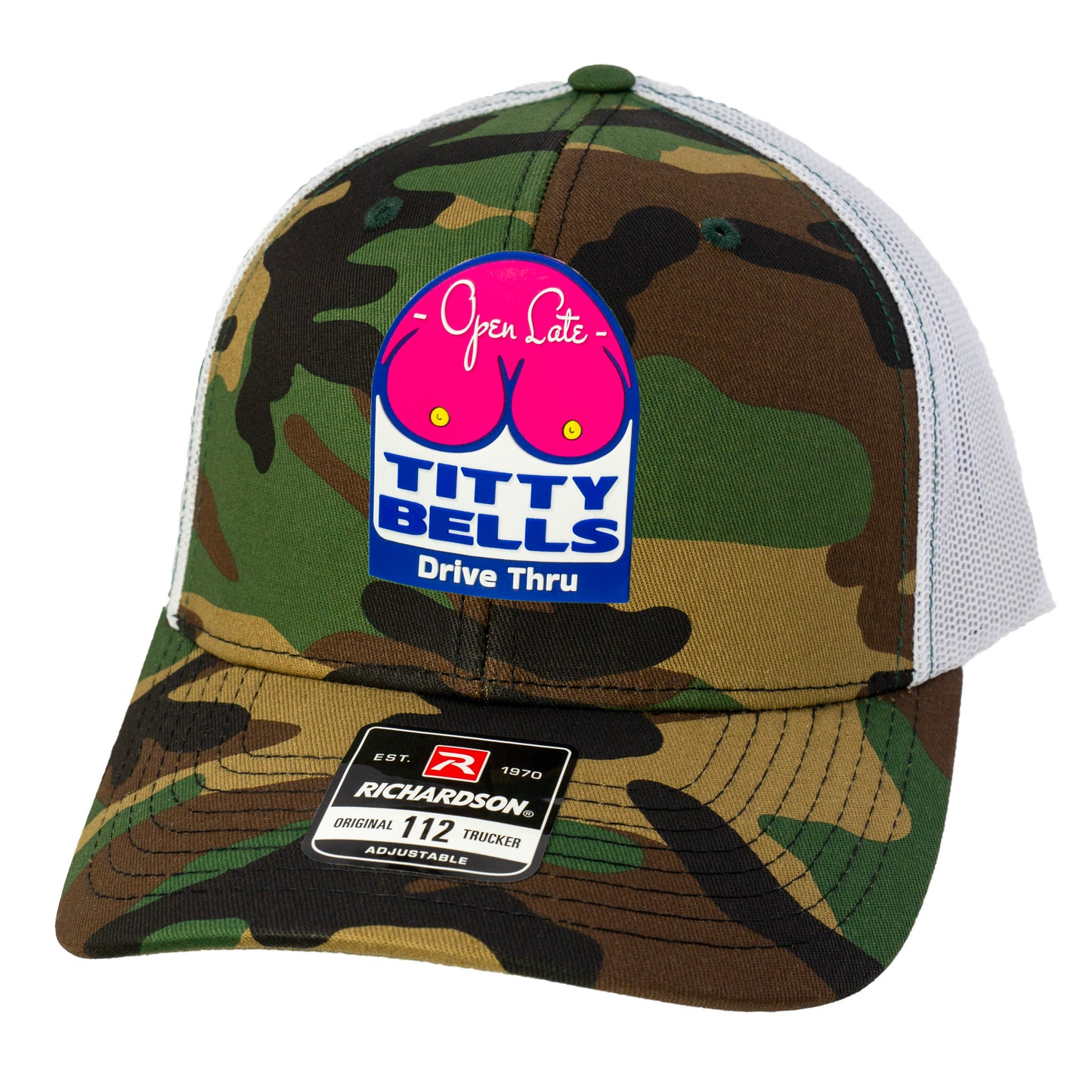 Titty Bells 3D Patterned Snapback Trucker Hat- Army Camo/ White - Ten Gallon Hat Co.
