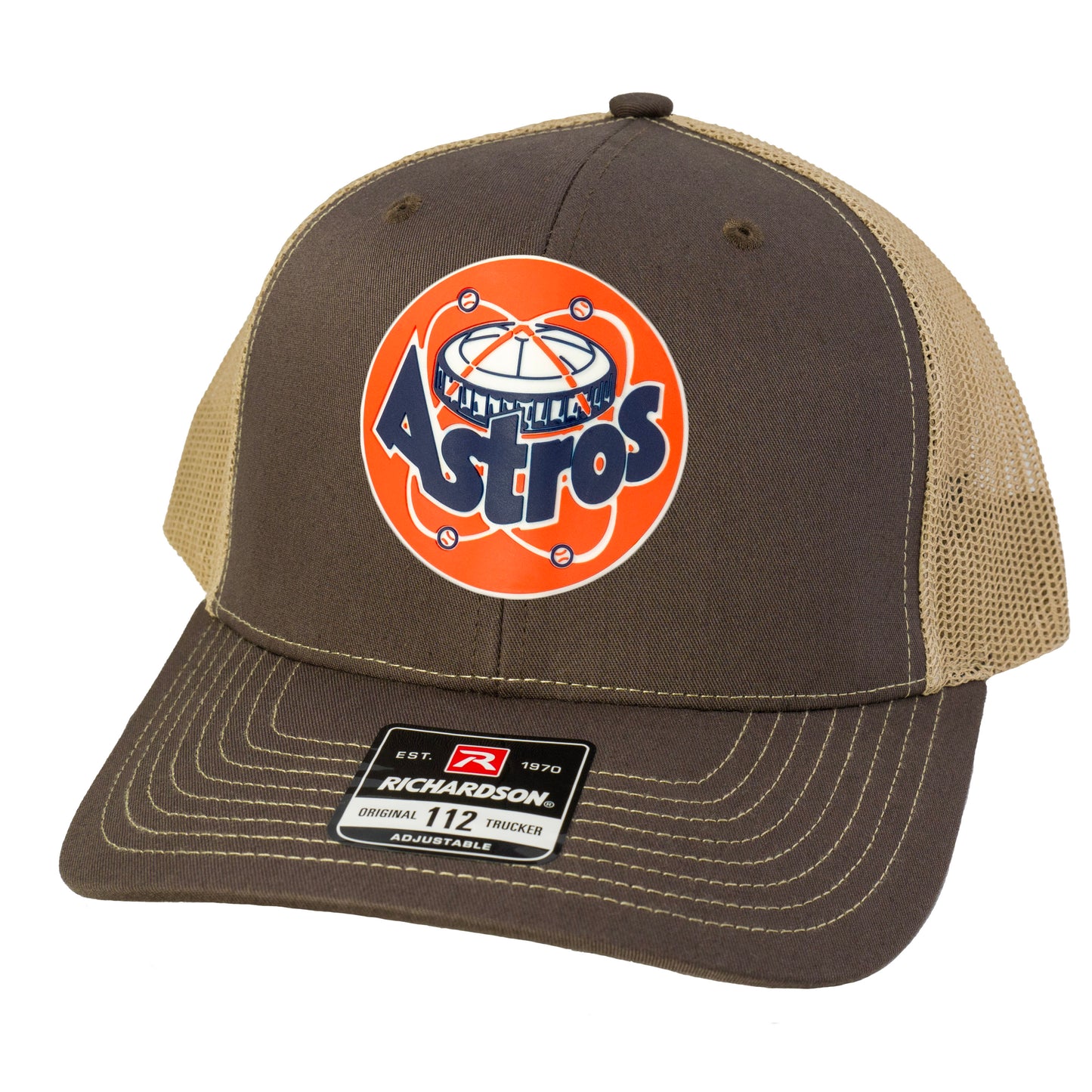 Astros Retro Astrodome 3D Patch Snapback Trucker Hat- Brown/ Khaki - Ten Gallon Hat Co.