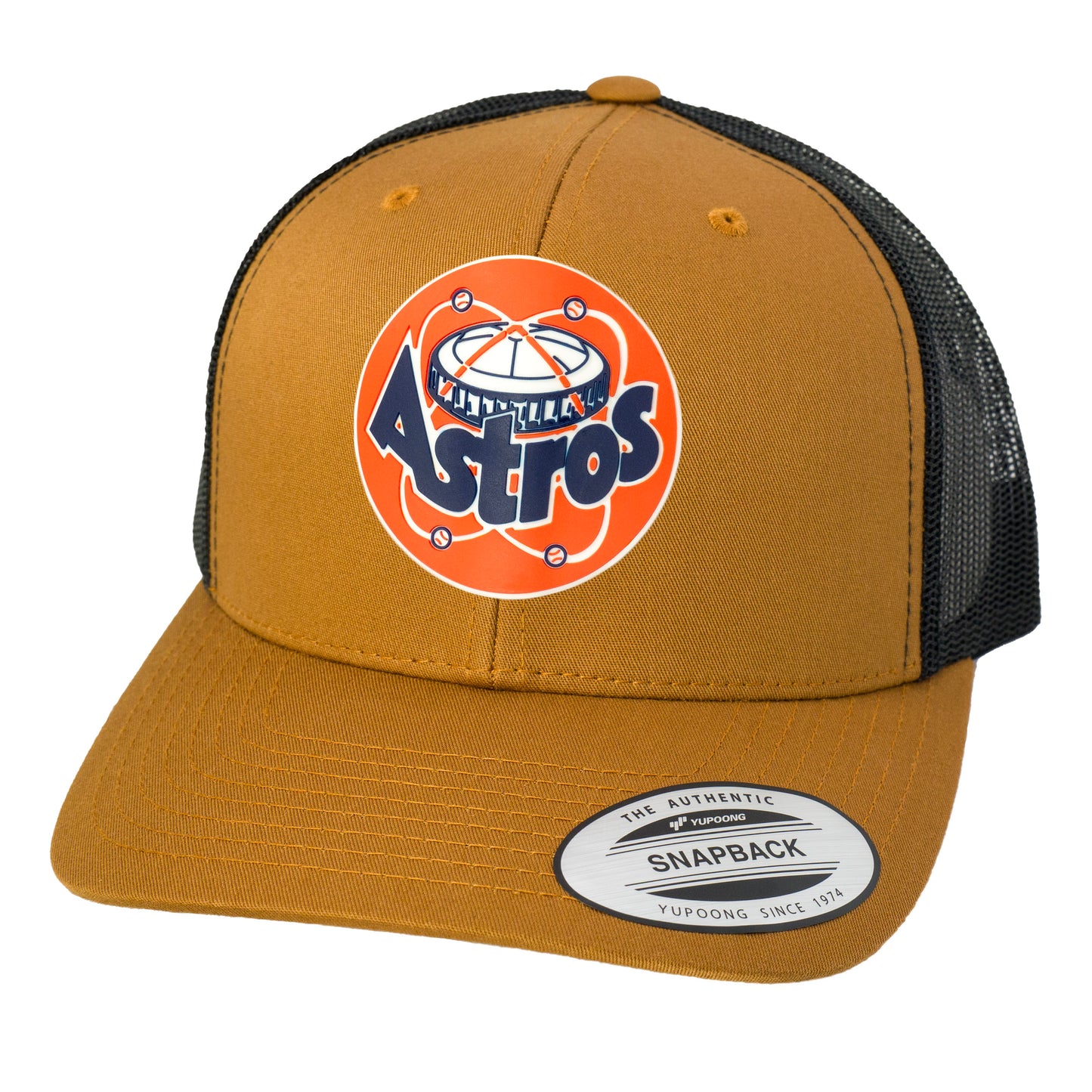Astros Retro Astrodome 3D Classic YP Snapback Trucker Hat- Caramel/ Black - Ten Gallon Hat Co.
