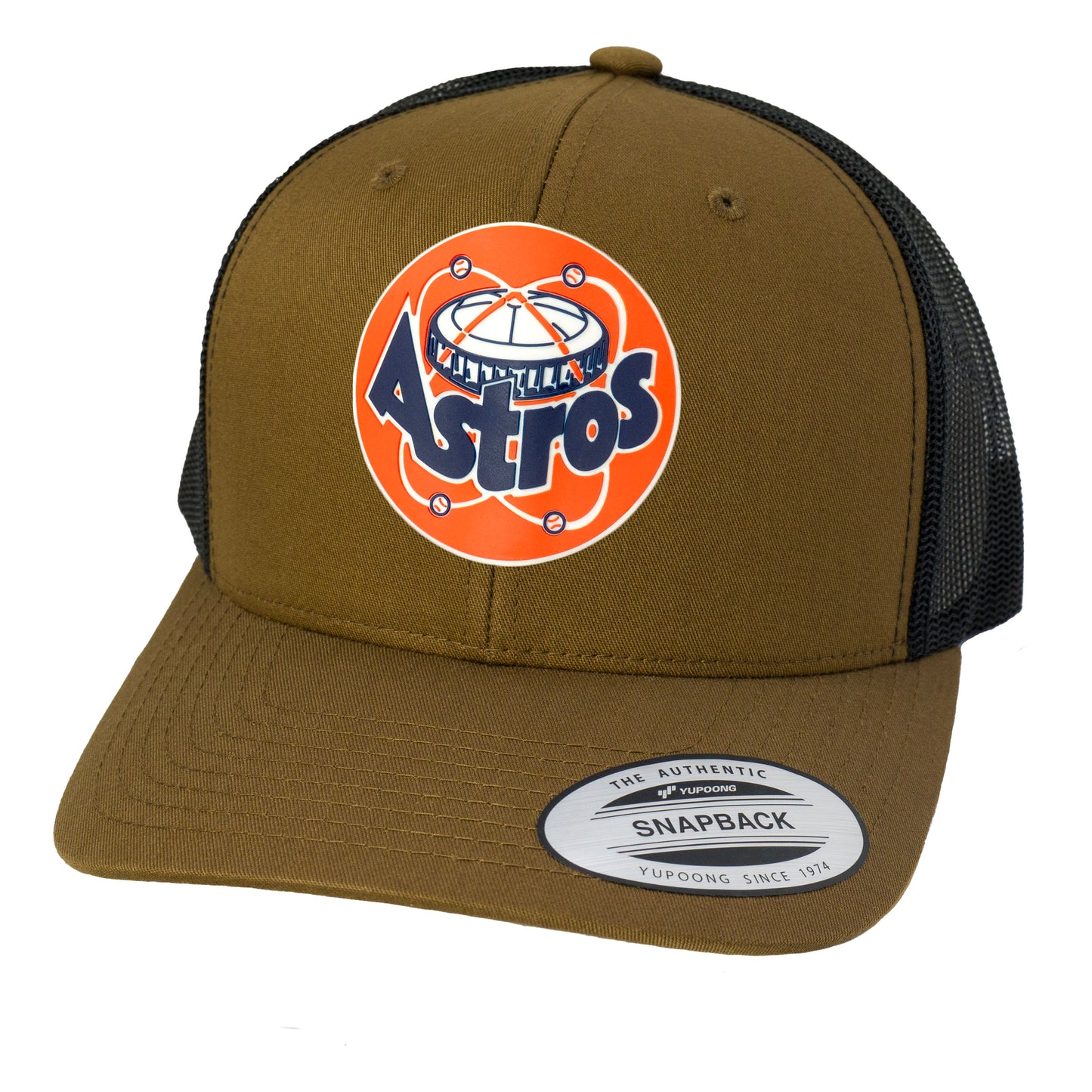 Astros Retro Astrodome 3D YP Snapback Trucker Hat- Coyote Brown/ Black - Ten Gallon Hat Co.