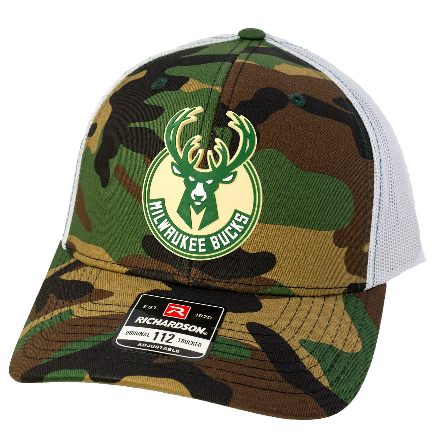 Milwaukee Bucks 3D Patterned Snapback Trucker Hat- Army Camo/ White - Ten Gallon Hat Co.