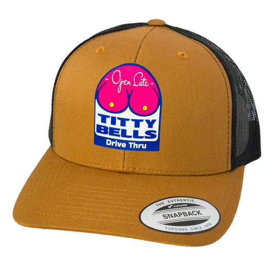 Titty Bells 3D YP Snapback Trucker Hat- Caramel/ Black - Ten Gallon Hat Co.