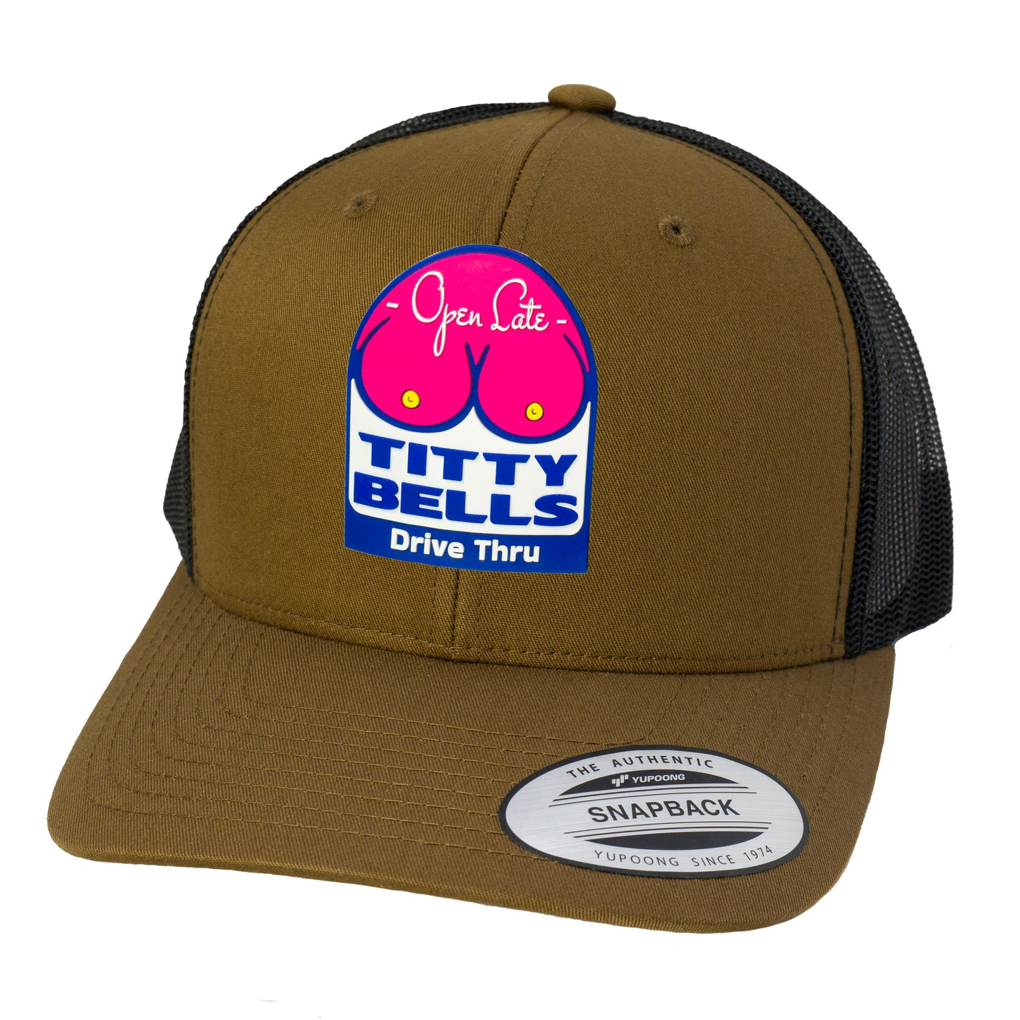 Titty Bells 3D YP Snapback Trucker Hat- Coyote Brown/ Black - Ten Gallon Hat Co.