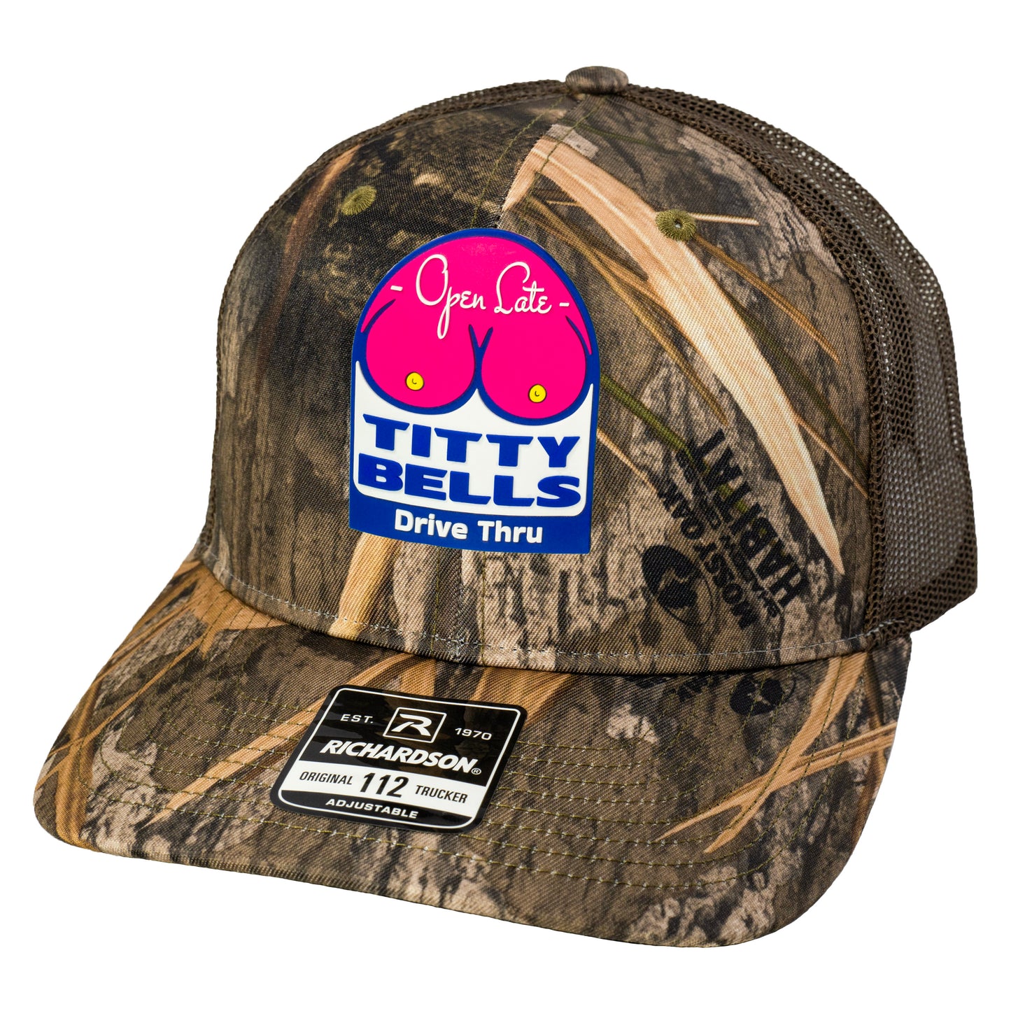 Titty Bells 3D Patterned Snapback Trucker Hat- Mossy Oak Habitat/ Brown - Ten Gallon Hat Co.