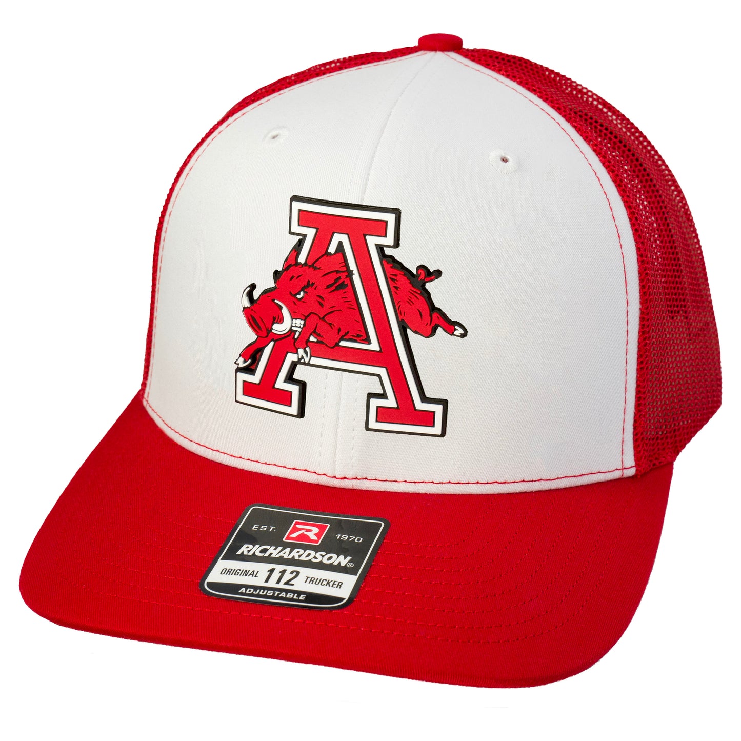 Arkansas Razorbacks Jumping Hog Classic 3D Snapback Trucker Hat- White/ Red - Ten Gallon Hat Co.